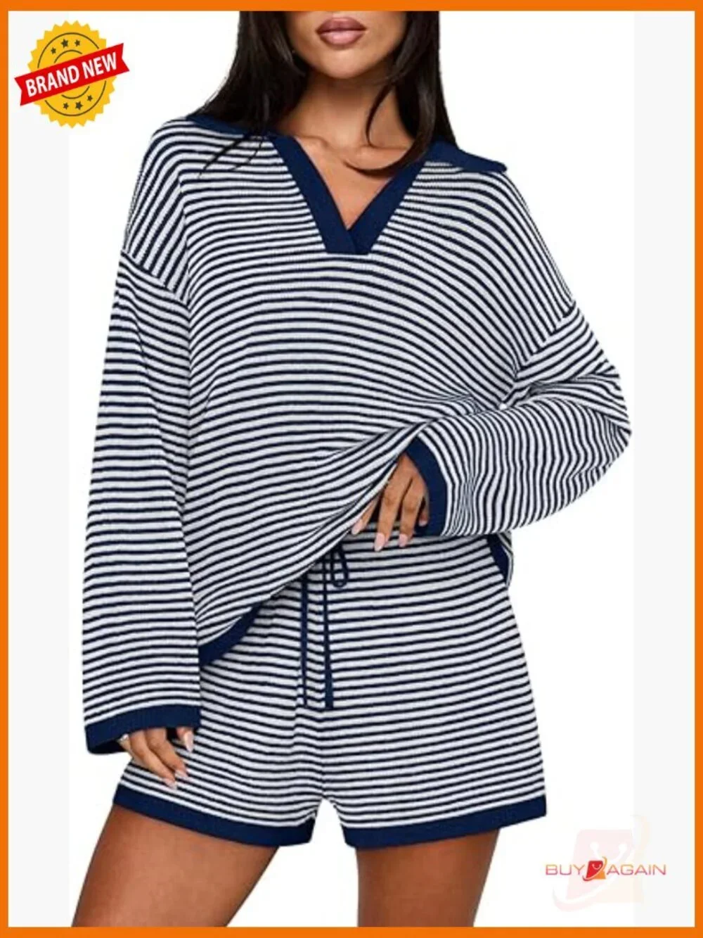 2 Piece Lounge Set Long Sleeve Striped Top & Shorts Matching Outfit Loungewear